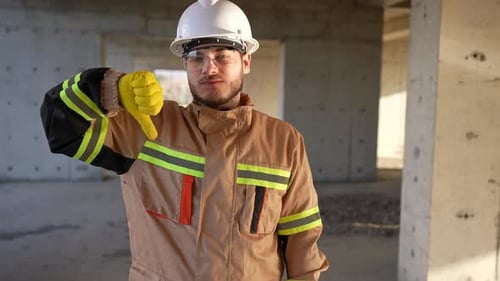 Displeased Male Builder in White Hard Hat and Uniform Showing Thumbs Down