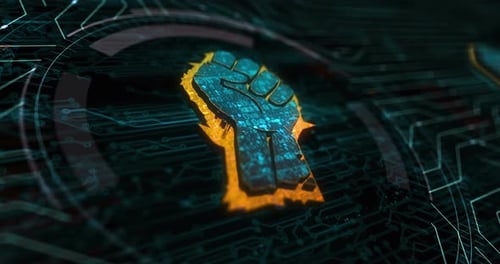 Digital Fist Symbol with Binary Code and Circuit Board Animation