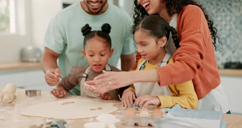 Love, happy family baking in kitchen and food in their home together for bakery learning