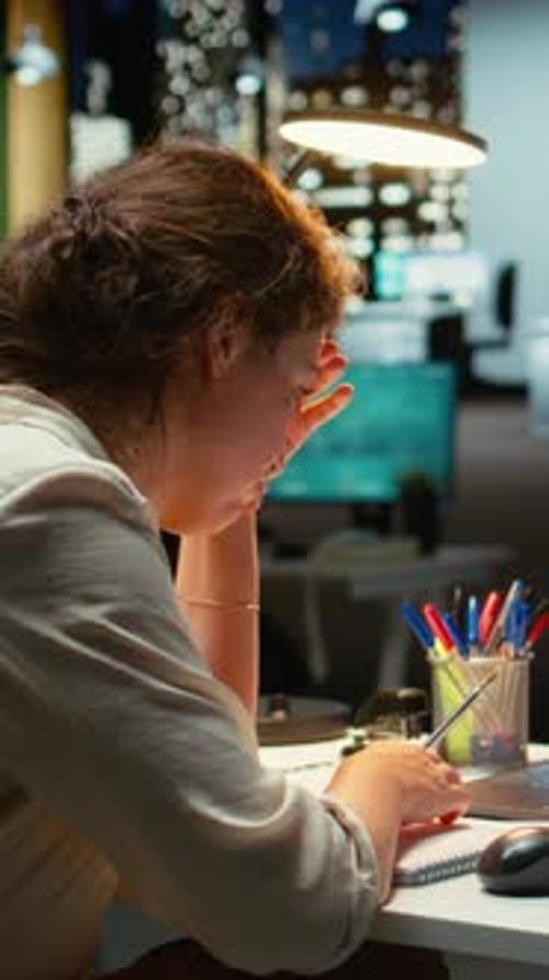 Vertical Video Concerned Female Worker Disappointed By Stock Trade Failure and Money Loss