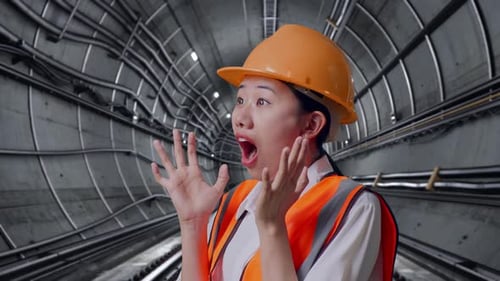 Close Up Side View Of Asian Female Engineer Smiling And Saying Wow In Subway Tunnel