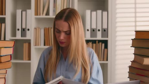 Stressed Angry Tired Caucasian Student Girl Woman Stressful Learner Business Corporate Studying with