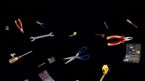 Moving animation of hardware store products. Transparent background and loop video.