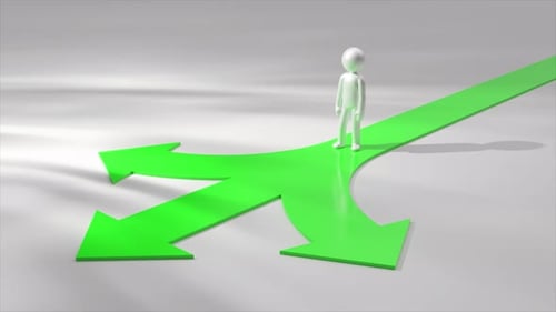 Le personnage 3D se tient à un carrefour avec trois flèches vertes pointant dans des directions différentes
