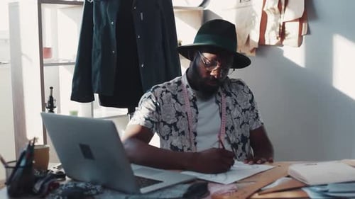 Close Up View of a Process of Creation a New Fashion Collection Male Designer Sketching Out His