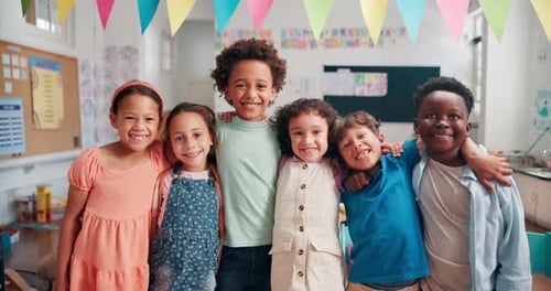 Smiling Children Together in a Bright Classroom