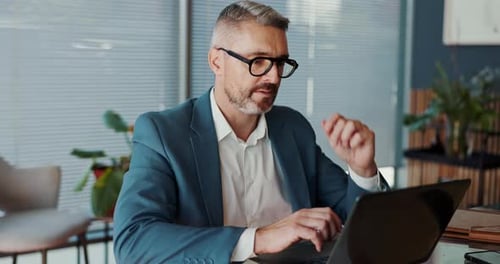Stress, laptop and business man in office with tension for problem, financial crisis