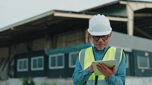 Männlicher Ingenieur steht draußen in der Nähe eines Lagers und benutzt Tablet für Arbeitszwecke, während er angezogen ist