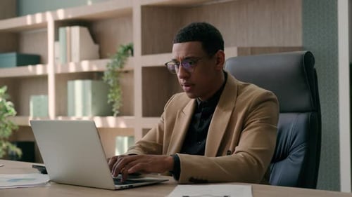 Adult Concentrated African American Man Male Focused Businessman Employer Working at Office Desk