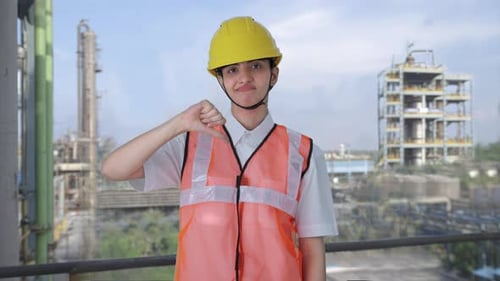 Upset Indian female architect showing thumbs down
