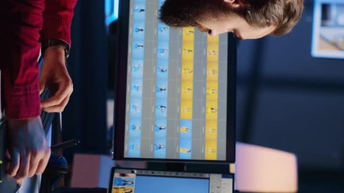 Man Standing Indoors in Front of Computer Screens