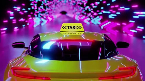 Vidéo sur le futur avec un taxi néon et un concept de transport urbain rapide