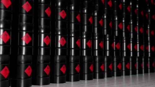 Infinite Loop of Industrial Barrels with Flammable Warning Labels