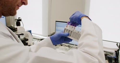 Scientist Examining Blood Samples in Lab