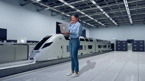 Woman With Laptop Stands Near Futuristic Train