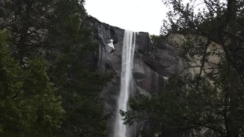 Waterfall in Yosemite in the winter on a cloudy day