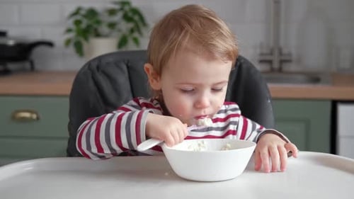 Child Eating Porridge in High Chair at Home