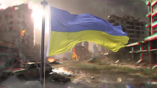 Ukraine Flag And War Background Destroyed Megalopolis