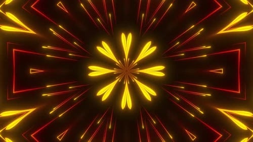 Dynamic neon kaleidoscope patterns create hypnotic video background