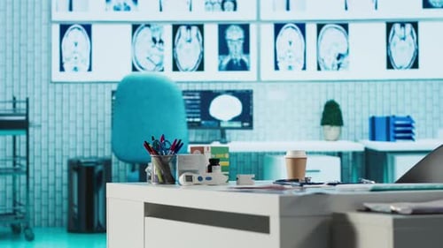 Empty Medical Office with Computers and Diagnostic Tools Set Up