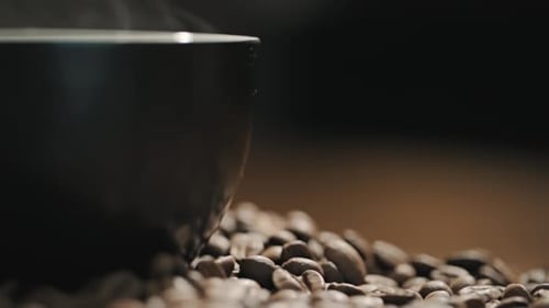 Steaming Cup of Coffee among Roasted Beans