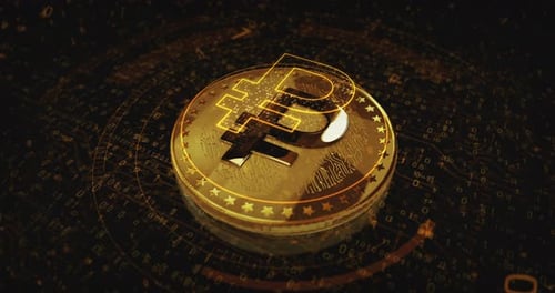 Boucle dorée de cryptomonnaies Crypto Ruble RUB sur écran numérique