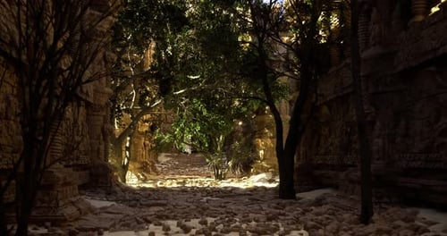 Ancient Ruins Illuminated By Sunlight with Dense Greenery in the Foreground