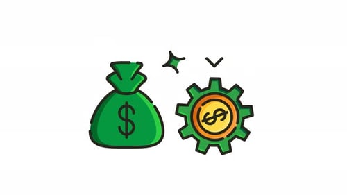 Animation icon of a money bag and a gear with a dollar sign inside looping continuously.