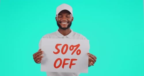 Black man, billboard and sign for discount sale, advertising or marketing on mockup against a studio