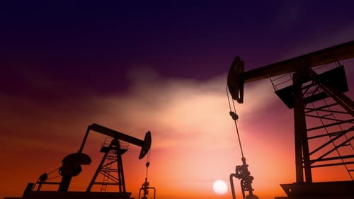 Animated Oil Pumpjacks Silhouetted at Sunset