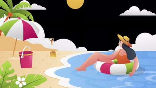 woman with a floater on the beach, summer animation 4k on alpha channel
