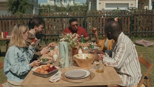 Friends Enjoying Outdoor Meal in Suburban Backyard