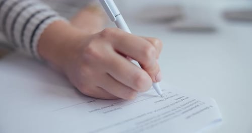 Person, hands and signature on paperwork in office for professional agreement