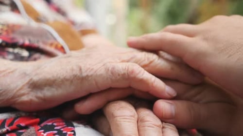 Side View of Young Male Arms Stroking an Elderly Hands of His Old Grandmother Outdoor Family