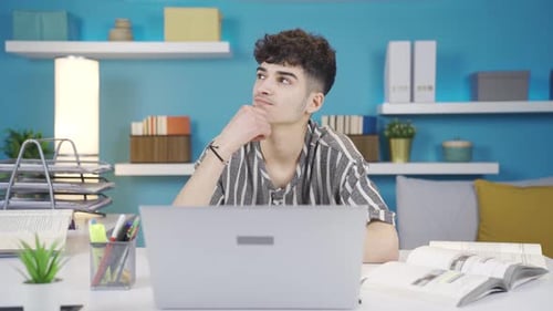 Teenager Concentrating, Studying with Laptop at Home
