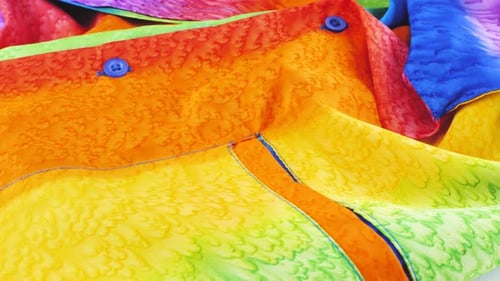 Top view of a shirt made of bright fabric dyed in rainbow colors rotates on a display case.