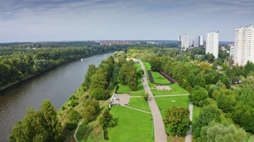 Time Lapse of Green Sunny Park Near Moscow River Canal in Dolgoprudny City