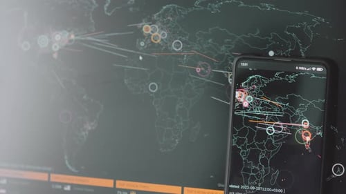 World Map with Cyber Activity Display on Screen