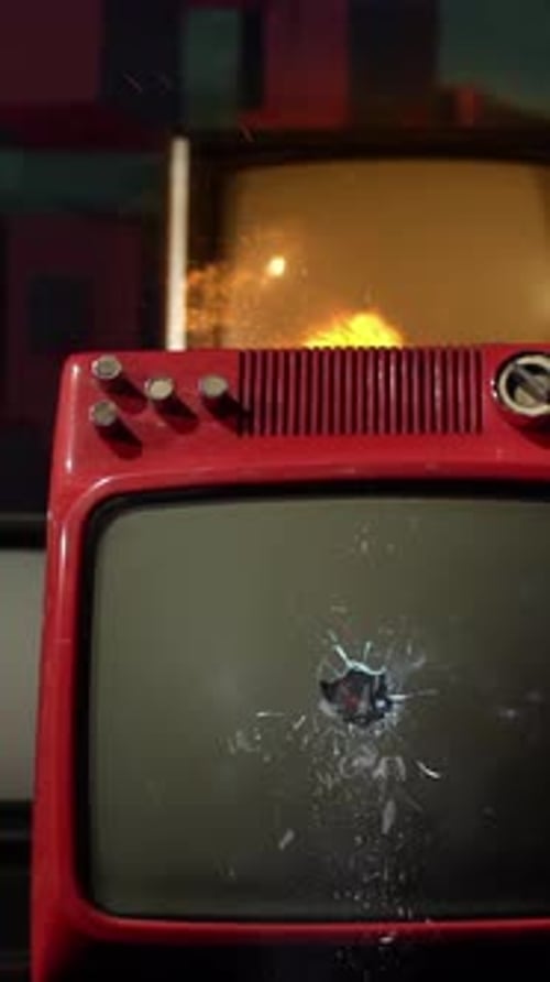 Retro TV Exploding Surrounded by Old Televisions - Vertical View 4K