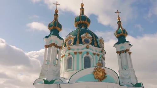 Facade of Amazing Orthodox Slavic Church with Domes Decorated with Gold