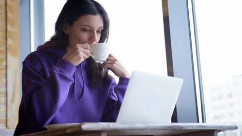 Distance Learning Online Education and Work Happy Woman Girl Working Office Work Remotely From Cafe