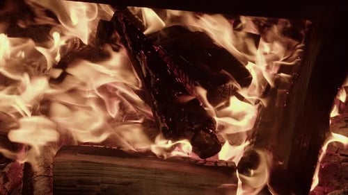 Comforting warm wood burning campfire flames rise from night fire