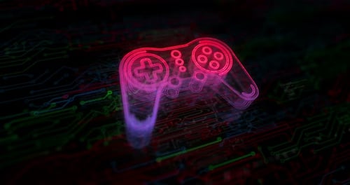 Neon Game Controller Icon Animation on Circuit Board Background