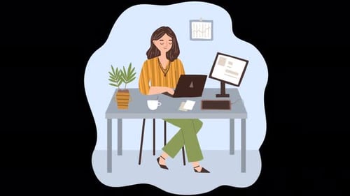 Businesswoman Sitting At Desk Working On Laptop Cartoon Animation 4K On Alpha Channel
