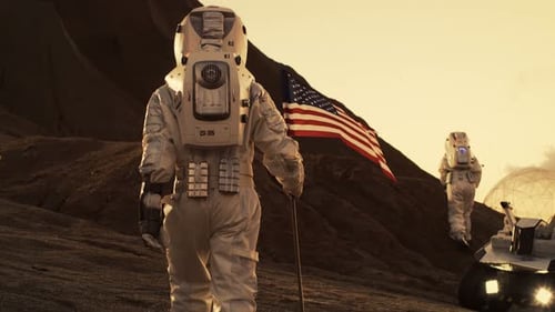 Astronauts Explore Red Planet with American Flag