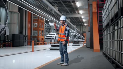 Vue latérale complète du corps d'un ingénieur asiatique en colère criant à quelqu'un dans une usine de voitures électriques