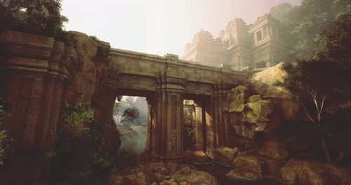 Ancient Ruins Nestled in Lush Landscape During Golden Hour Light
