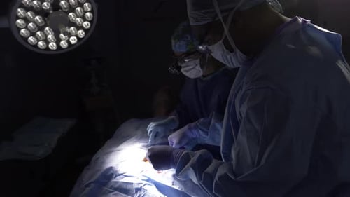 Dedicated surgeons perform complex surgery with precision in hospital operating room