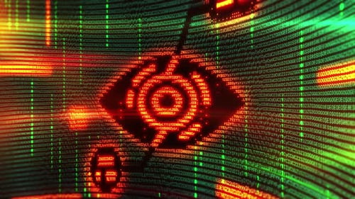 Leuchtendes AI-Vision-Symbol auf grünem und orangefarbenem digitalem Hintergrund