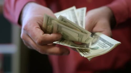 Man Counting Dollar Bills. Close Up Of Male Hands Count Money Cash. Money Calculation. Employee S...